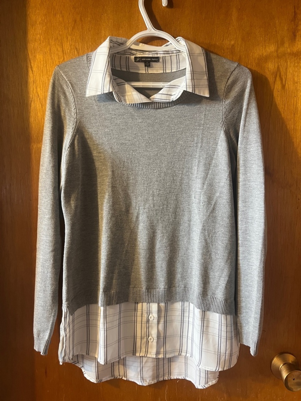 Woman’s Adrianna Papell Gray Layered-Look Sweater Top with White Plaid Shirt Hem